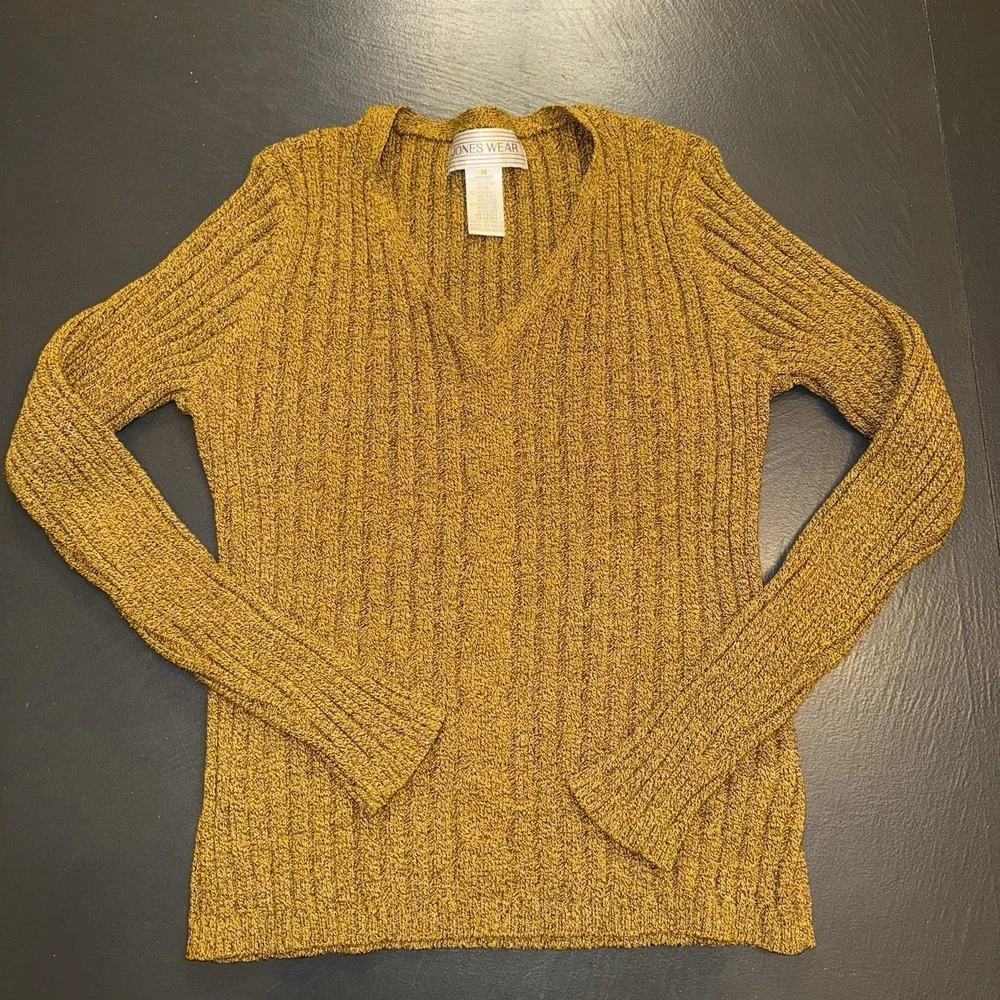 Jones Wear V Neck Pullover Sweater Ribbed Brown/black Size M‎ Stretchy Fitted